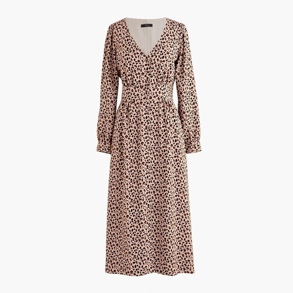 J.Crew Womens 0 Leopard Brown Button Front Midi Dress Long Sleeve - Picture 1 of 10